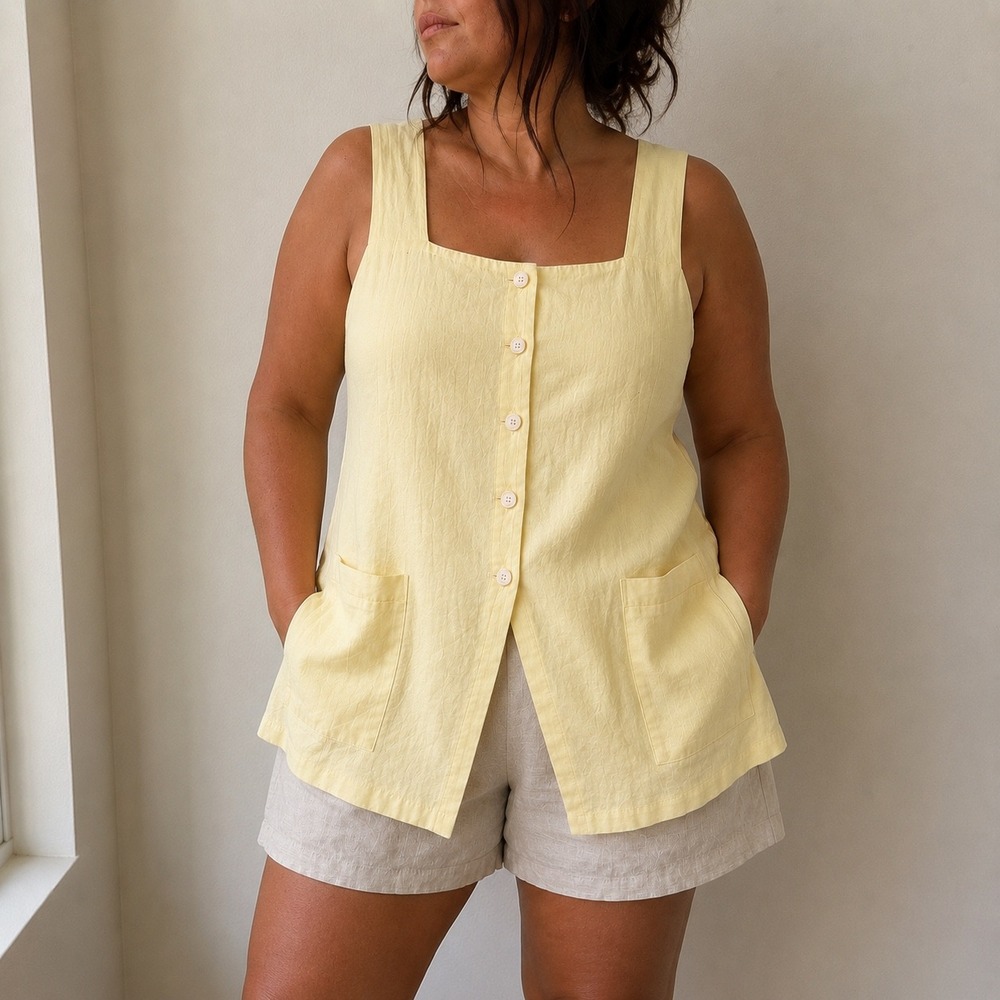 Loft Butter Yellow Linen Blend Button Front Vest Top XL Minimalist Coastal